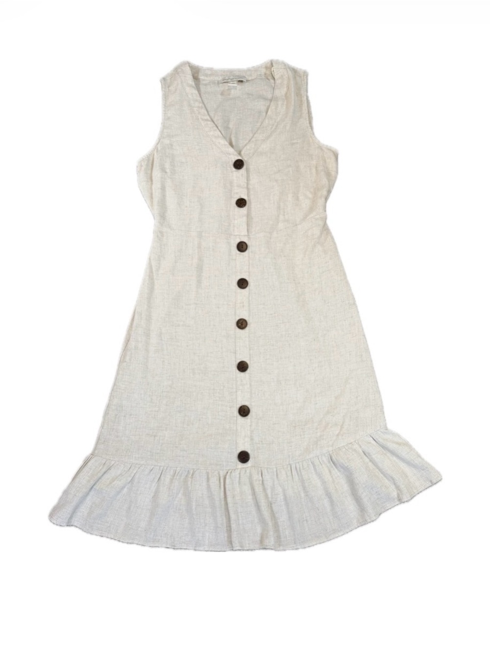 Monteau LA Women's Beige Linen Blend Sleeveless Ruffle Button Up Midi Dress XL